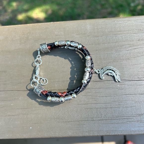 Bracelet hand crafted braided leather & silver bracelet w/ moon charm - Picture 2 of 5